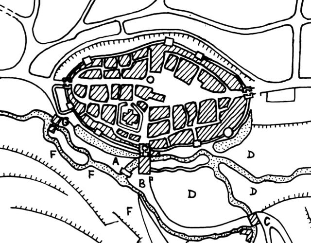 Ein wenig unlogisch wird Bretten in drei Viertel aufgeteilt: das Oberviertel, das Unterviertel links von der Salzhofer Gasse (Pforzheimer Straße) und das Oppenlochviertel rechts davon. Die mittelalterliche Stadtstruktur mit Stadtmauer (Plan von 1740) ist wieder aufgebaut. Im Süden ist das sumpfige Gelände mit den vielen Bachläufen und Teichen zu erkennen. Dem Salzhofer Tor ist daher eine Brücke vorgelagert.
